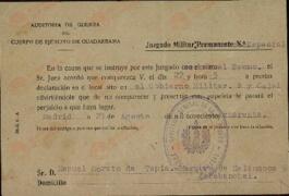Solicitud del Juzgado Militar Permanente para que Don Manuel Morato de Tapia comparezca a prestar declaración en el juzgado. Auditoría de guerra del cuerpo del ejército de Guadarrama. Madrid, 21 de agosto de 1940