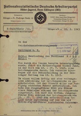 NSDAP: Documento de las juventudes hitlerianas. 28 junio 1943