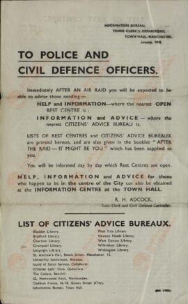 "A la policía y oficiales de defensa civil. Oficina de información". Manchester, enero 1942