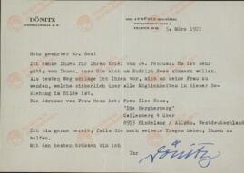 Carta de Karl Dönitz a Emile J. Gex.. 5 marzo 1972