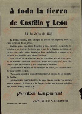 "A toda la tierra de Castilla y León". JON-S de Valladolid, 27 de julio de 1936