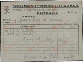 Falange Española Tradicionalista y de las JONS: Auxilio a Poblaciones Liberadas. 11 febrero 1939 (Guerra Civil).