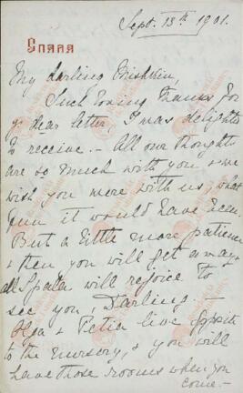 Carta y Sobre de la Zarina Alexandra Feodorovna al Gran Duque Mikhail. Spala, 13 septiembre 1901