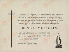 Tríptico y tarjeta de celebración de misa conmemorativa del X aniversario muerte Mussolini