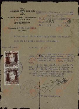 Arenas, Rodríguez, Adolfo. Certificado de F.E.T y de las J.O.N.S / Delegación de Vieja Guardia. Madrid, 28 febrero 1941