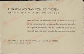 Richthofen, Barón Wolfram von. Tarjeta de recuerdo como jefe de la Legión Cóndor. Salamanca, mayo 1939(División Cóndor)