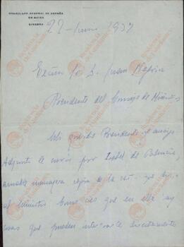 Colección Francisco Franco. Negrín, Juan. Carta de Rivas Cherif, cónsul general de España en Ginebra, 22 junio 1937