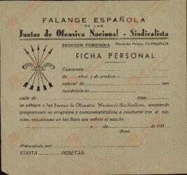 Dos fichas personales  en blanco de la Sección Femenina y de Auxilio Social de las J.O.N.S. de el periodo de la Guerra Civil.