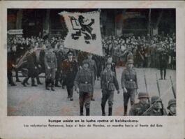 Estampa: Europa Unida en la lucha contra el bolchevismo. Los voluntarios flamencos, bajo el león de Flandes, en marcha hacia el frente del Este.