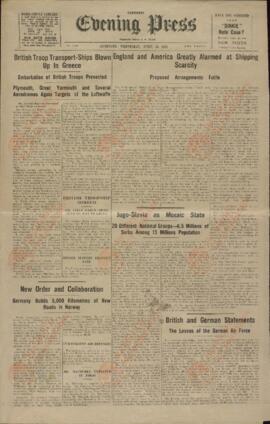 Evening Press. Guernsey. 23 abril 1941. "Los barcos de transporte de tropas británicas son volados en Grecia."