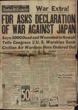 Boston Traveller. "Franklin D. Roosevelt pide la declaración de guerra a Japón". 8 diciembre 1941