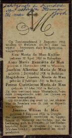 Esquela fúnebre de la familia De Man, cuyos integrantes fueron asesinados en diversos campos de concentración durante 1942, c. 1946.