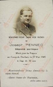 Esquela fúnebre de Joseph Pennec (1903-1945), asesinado en el campo de concentración de Dachau, c. 1946.