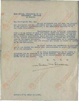 Carta de Juan Jácome a Miss Brooks, presidenta de la ambulancia escocesa en Madrid. 2 julio 1938.