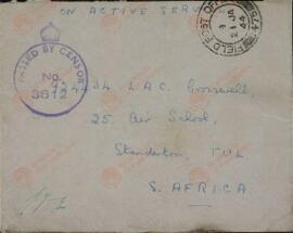 Sobre dirigido a Sudáfrica pasado por la censura militar británica. 21 enero 1944