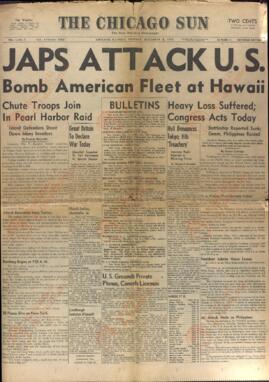 The Chicago Sun: el nuevo periódico matinal. 8 diciembre 1941. Japón ataca Estados Unidos."