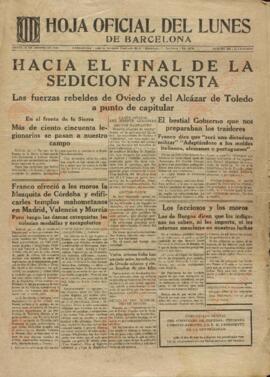 Hoja oficial del lunes de Barcelona. "Hacia el final de la sedición fascista. Las fuerzas rebeldes de Oviedo y del Alcázar a punto de capitular". 31 Agosto 1936