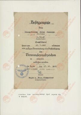 "Certificado de bienes del cabo superior Heinz Passarge. 17 diciembre 1943"