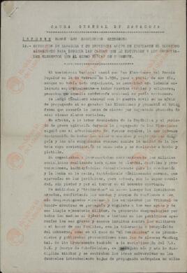 Causa General de Zaragoza: Informe militar sobre la situación de Zaragoza antes del levantamiento y de la evolución del conflicto en Aragón hasta el fin de la guerra civil. 25 febrero 1941