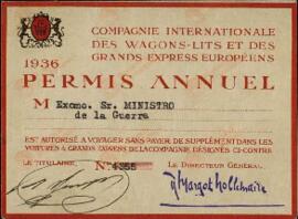Compañía Internacional de Coches-cama y de Grandes Expresos Europeos. Permiso anual n.º 4355 Ministro de la Guerra. 1936
