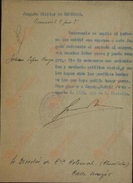 Solicitud antecedentes político-sociales de Julián López Burgos. 14 agosto 1939