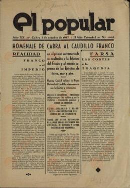 El Popular. "Homenaje de Cabra al Caudillo Franco". Cabra, 6 octubre 1937