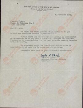 Clark, Clyde L., agregado militar de la Embajada de Estados Unidos en Madrid, a Joaquín Franco Pérez. 21 noviembre 1945