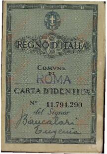 Carné de identidad nº 11.791.290 del Señor Baucalari, Eugenia. Ayuntamiento de Roma. Reino de Italia. 14 de septiembre de 1944.