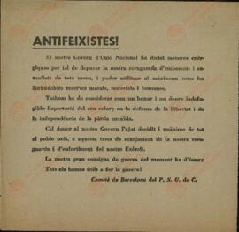"Antifascistas". Comité de Barcelona del P.S.U. de C. (para limpiar la retaguardia de personas no adeptas). Probablemente 1936