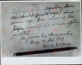Franco Bahamonde, Francisco. Fotografía del borrador del último parte de guerra. Burgos, 1 abril 1939