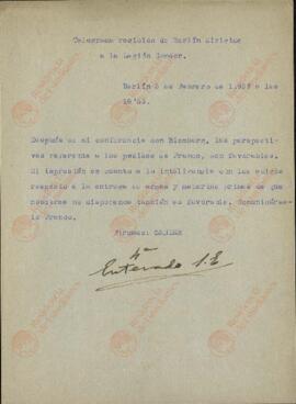 Telegrama de Sander dirigido a la Legión Cóndor sobre el parecer favorable de Von Blomberg acerca las peticiones de Franco, que se debe comunicar a éste (Legión Cóndor). Berlín, 3 febrero 1937.