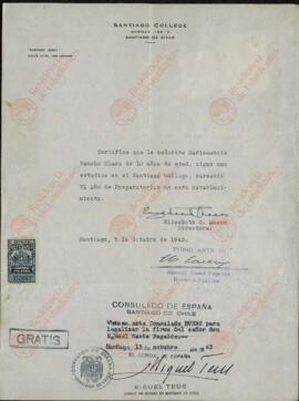 Vapor Uruguay. Sancho Contreras, Eduardo. Certificado de estudios de María Amancia Sancho Claro (hija). Santiago de Chile, 5 octubre 1943