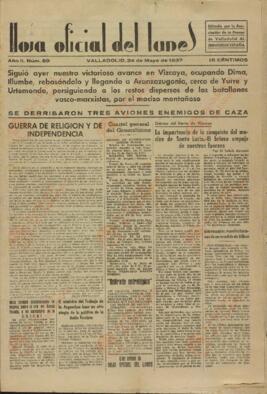 Hoja Oficial del lunes. "Siguió ayer nuestro victorioso avance en Vizcaya, ocupando Dima, Illumbe, rebasándolo y llegando a Aranzazugonia, cerca de Yurre y Urtemondo, persiguiendo a los restos dispersos de los batallones vasco-marxistas, por el macizo montañoso". Valladolid, 24 mayo 1937