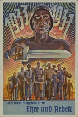Postal Alemana. "El Emblema de la Nueva Alemania: Honor y Trabajo", c. 1937
