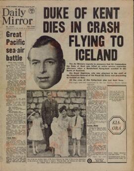 Daily Mirror. 26 Agosto 1942. "El Duque de Kent muere en Accidente mientras volaba a Islandia"