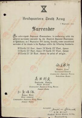 Nomi, Toshiro / Takada, Toshisada / Kato, Tadao. "Décima armada del Cuartel General. Rendición". 7 septiembre 1945