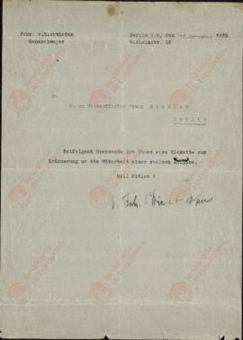 Stähler, Franz. Carta de W. von Richthofen a Franz Stähler. Berlín, 10 Noviembre 1939 (División Cóndor).