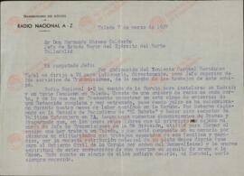 Carta del Comandante Manuel Arias Paz al Coronel Fernando Moreno Calderón, en relación a Radio Nacional. Toledo, 7 de Marzo de 1937