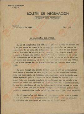 "El cumpleaños del Führer". Boletín de información n.º 248. Embajada alemana en Madrid, 23 abril 1942