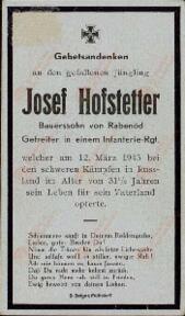 Esquela mortuoria de Josef Hofstetter. 12 marzo 1943