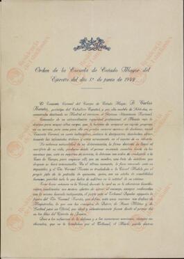 Orden de la Escuela de Estado Mayor del Ejército, nombrando Miembro de Honor al Tcnel. Carlos Noreña (militar nacional fusilado en 1936), 1 de Junio de 1942