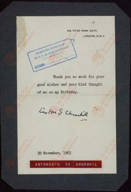 Colección Francisco Franco. Churchill, Winston. Nota de agradecimiento dirigida a Franco con sello de Secretaría Particular del Generalísimo Franco, 30 noviembre 1963
