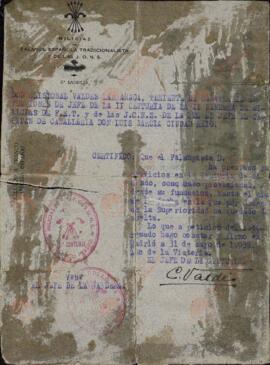 Cristóbal Valdés Larrañaga, Jefe II Centuria FET y de las JONS. Certificación falangista. 31 Mayo 1939