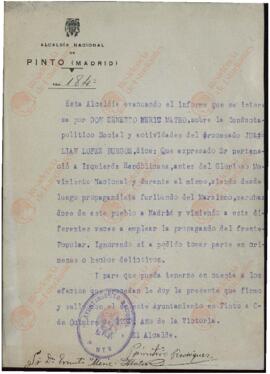 Rodríguez, Primitivo (alcalde de Pinto). Informe político social de Julián López Burgos. Pinto, 6 octubre 1939