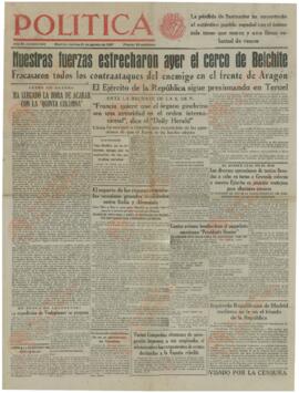Política / Órgano de Izquierda Republicana. N.º 633. "Nuestras fuerzas estrecharon ayer el cerco de Belchite". 31 agosto 1937