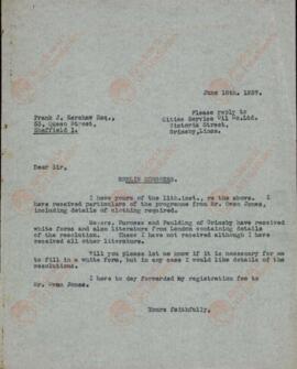 De Cities Service Oil Co. Ltd. a Frank J. Kershaw. Grimsby, 16 junio 1937