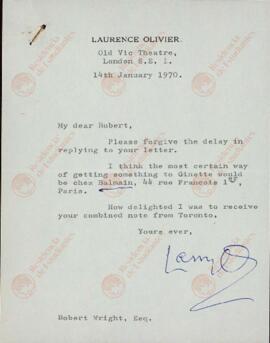 Olivier, Laurence. Carta a Robert Wright, 14 enero 1970