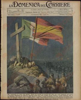 La Domenica del Corriere. "Rito legionario en honor a los Caídos. En una colina frente a la línea de los rojos españoles en el Frente de Aragón...". 21 de noviembre de 1937.