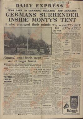 "Daily Express", 5 de Mayo de 1945, "Los Alemanes se Rinden dentro de la Tienda de Monty".