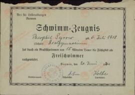 "Certificado de natación. Theophil Syrow". 20 julio 1930